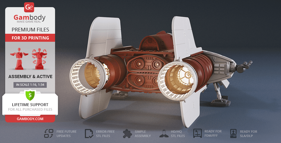 A detailed 3D model of an RZ-1 A-Wing starfighter, ready for 3D printing, viewed from the rear.