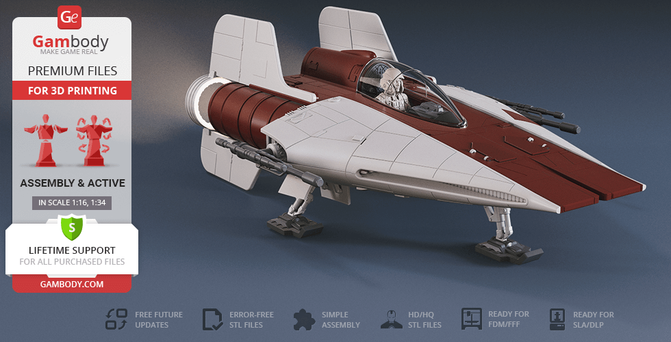 3D model of a detailed RZ-1 A-Wing starfighter for printing, featuring pilot and landing gear.