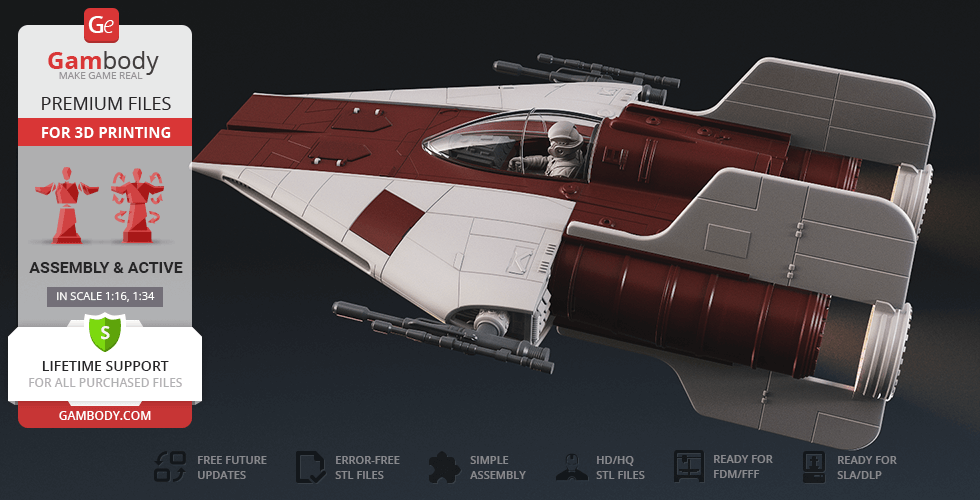 A 3D model of an RZ-1 A-Wing starfighter, optimized for 3D printing, shown in red and white.