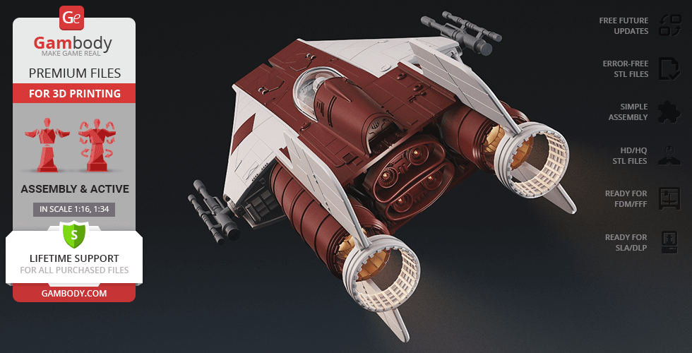 A detailed 3D model of an RZ-1 A-Wing starfighter, ready for 3D printing, with highlighted features.