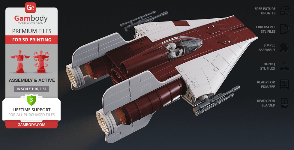 Image of a detailed 3D model of an RZ-1 A-Wing starfighter, ready for 3D printing.