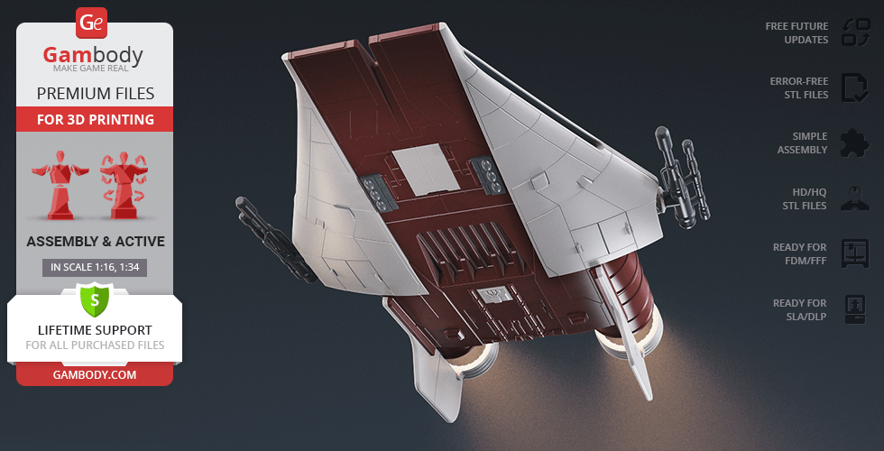 3D model of an RZ-1 A-Wing spaceship, red and white, designed for 3D printing by Gambody.