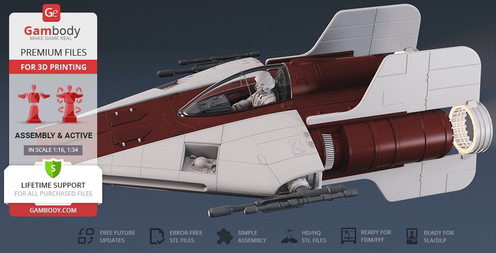 3D model of an RZ-1 A-Wing starfighter with detailed cockpit and engines, ready for 3D printing.