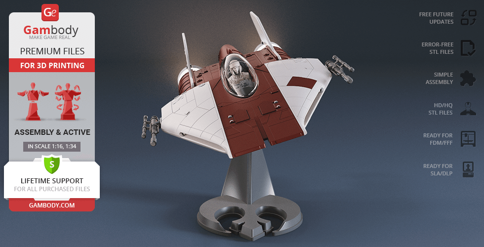 3D model of an RZ-1 A-Wing starfighter, showcased on a display stand for 3D printing.