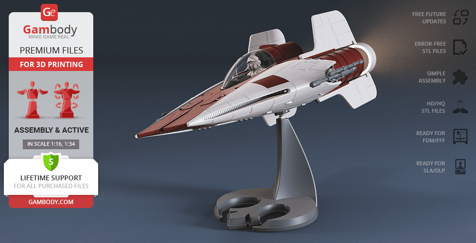A detailed 3D model of the RZ-1 A-Wing starfighter on a display stand, ready for 3D printing.
