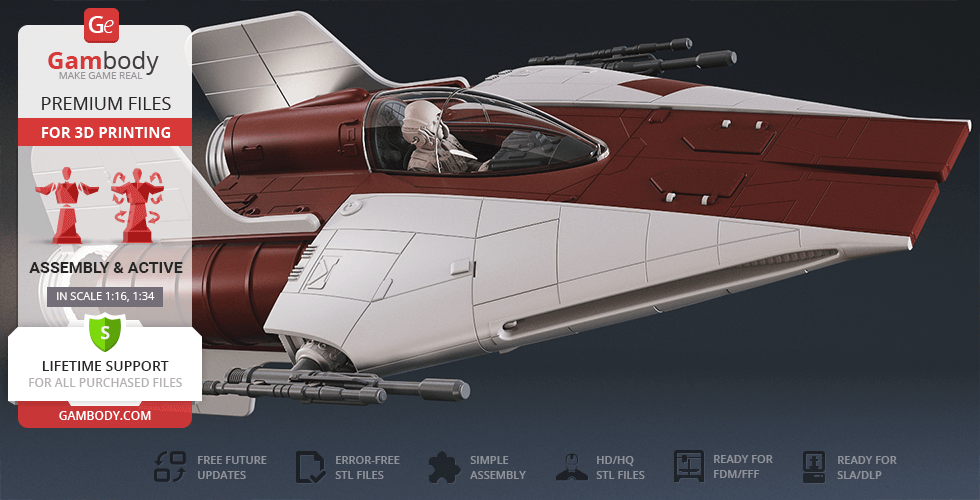 A detailed 3D model of an RZ-1 A-Wing starfighter with assembly features for 3D printing.