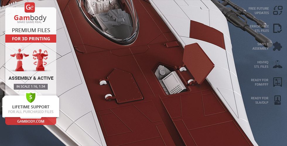 A detailed red and white RZ-1 A-Wing model for 3D printing, showing cockpit and exterior textures.