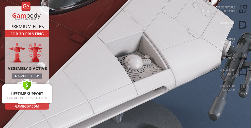 A detailed 3D model of an RZ-1 A-Wing starfighter for 3D printing, shown on Gambody's platform.