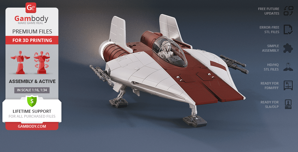 A detailed 3D model of an RZ-1 A-Wing starfighter, shown for 3D printing via Gambody.