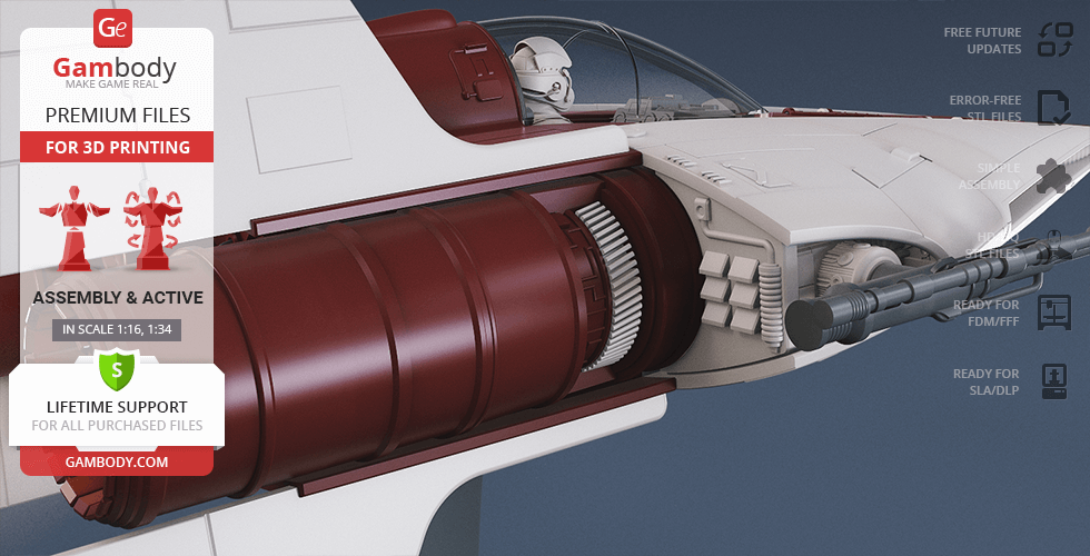 RZ-1 A-Wing starfighter model for 3D printing, showcasing cockpit and engine details.