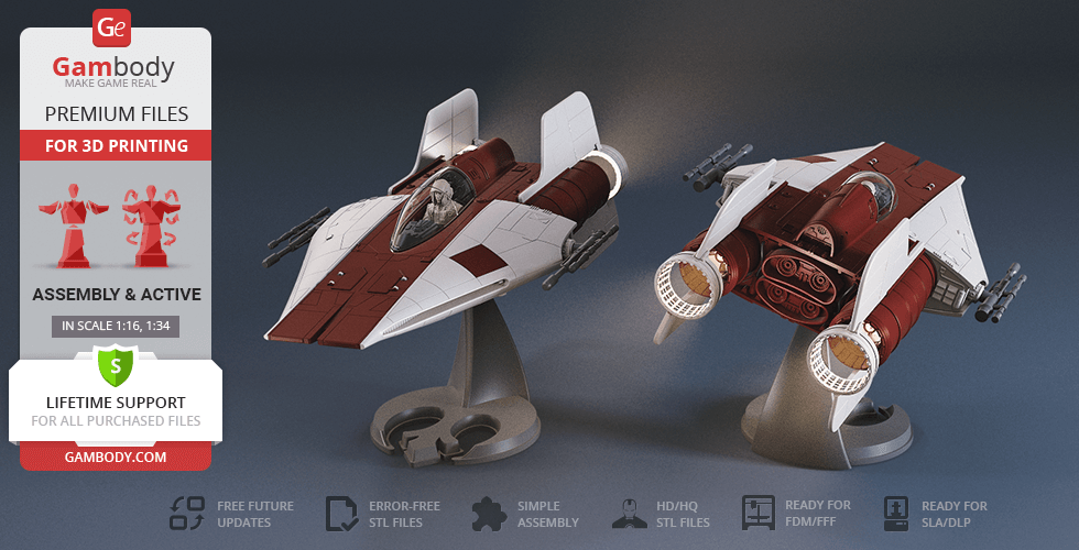 Two detailed RZ-1 A-Wing 3D models on stands, ready for printing, front and rear views.