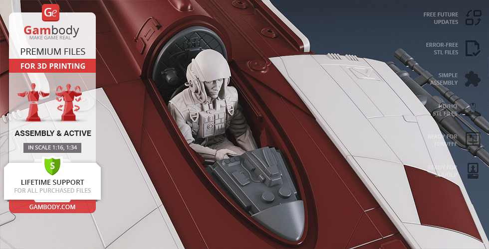 A detailed 3D printed RZ-1 A-Wing with a pilot in the cockpit, shown in red and white colors.