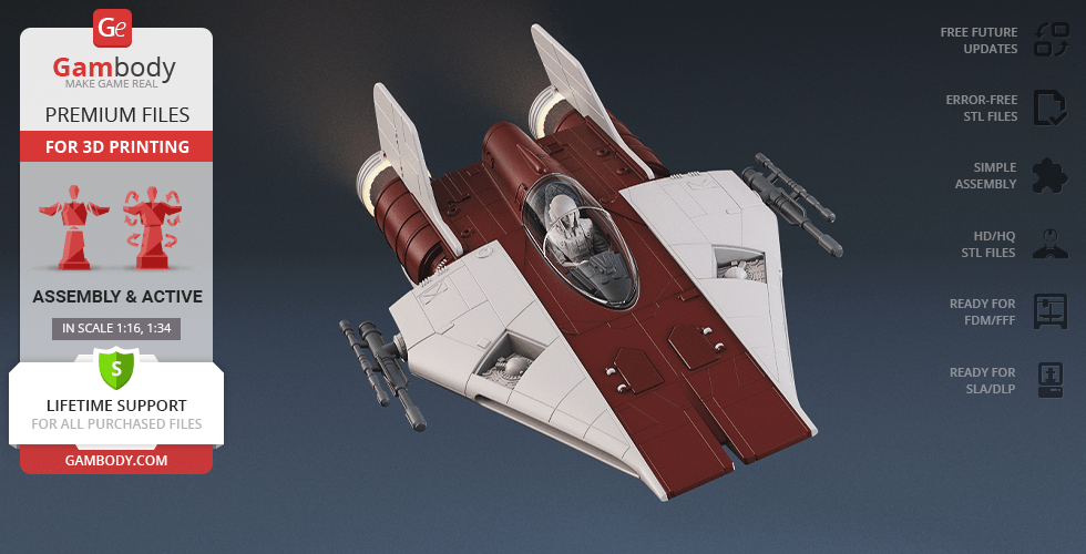 A detailed 3D model of an RZ-1 A-Wing starfighter for 3D printing, featuring a sleek design and dual engines.