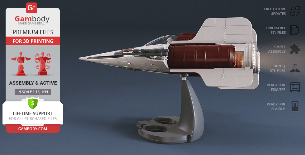 3D model of RZ-1 A-Wing on a stand, showcasing its sleek design for 3D printing.