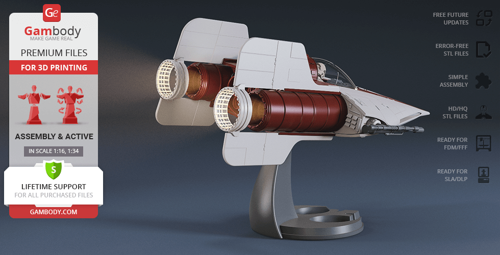 3D model of an RZ-1 A-Wing starfighter on a stand, designed for 3D printing with assembly guide.