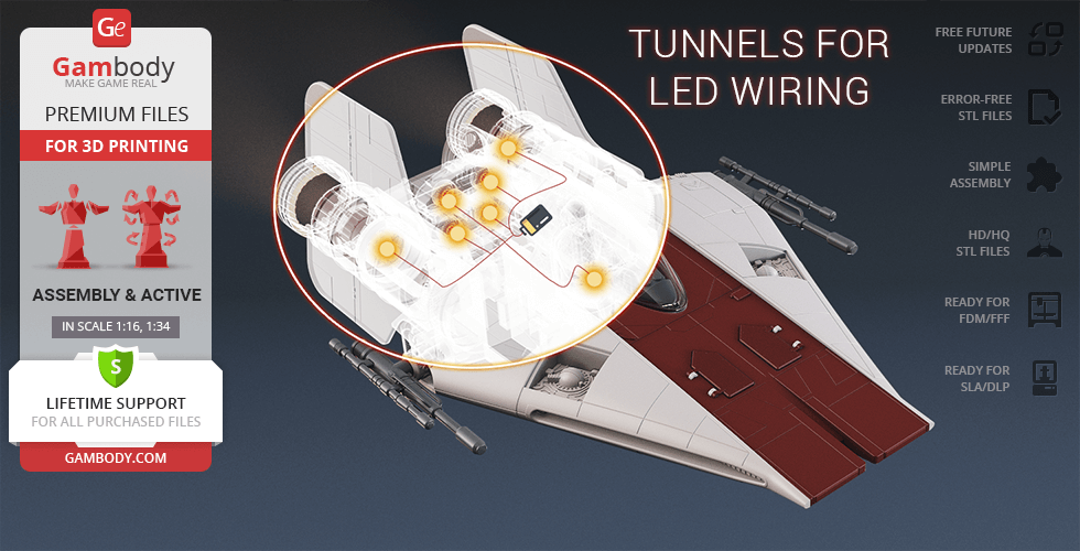 A 3D model of an RZ-1 A-Wing from above, highlighting tunnels for LED wiring.