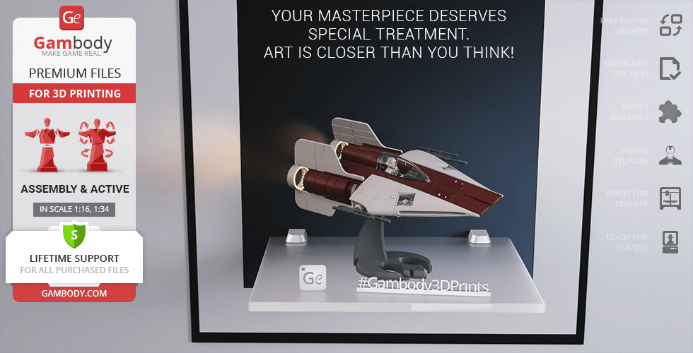A 3D printed RZ-1 A-Wing model displayed on a stand, featured by Gambody for 3D printing enthusiasts.