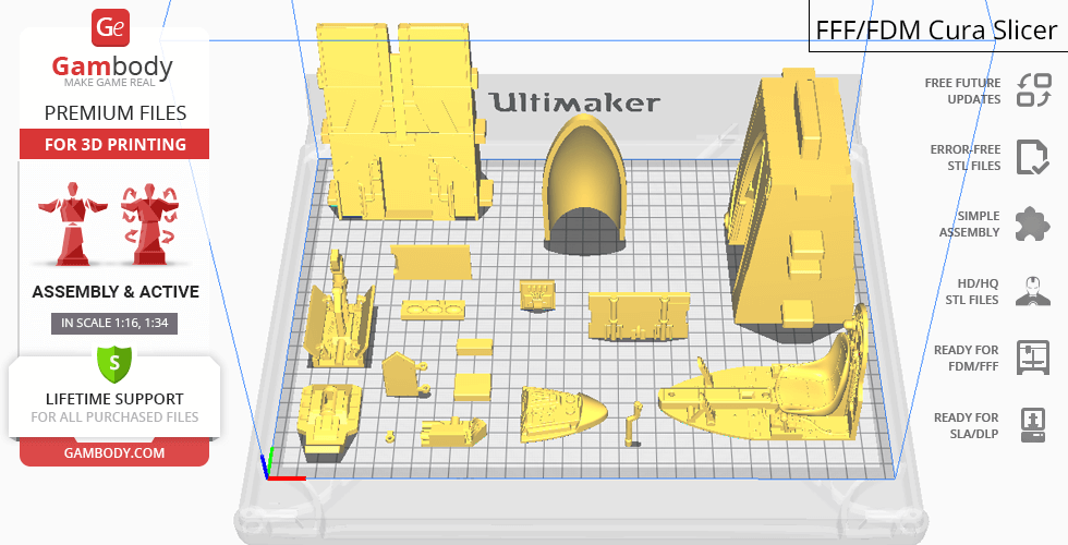3D printing layout of RZ-1 A-Wing parts shown in Cura slicer software from Gambody.