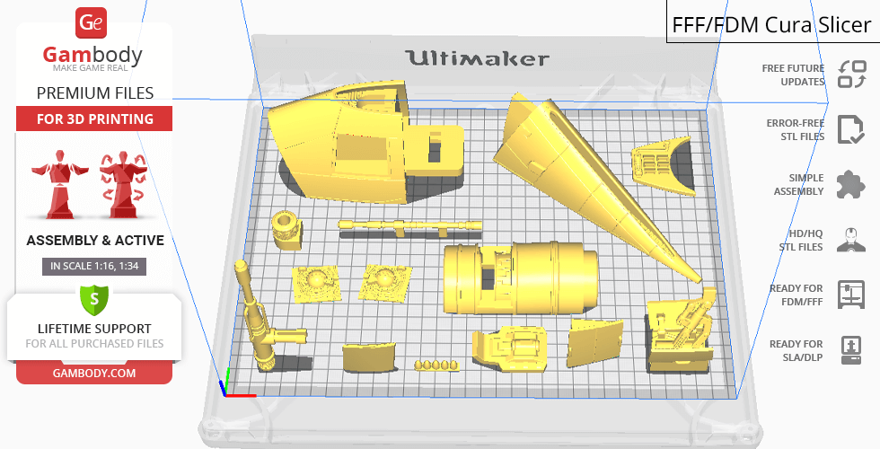 3D printing parts for an RZ-1 A-Wing model arranged on a virtual printing bed.