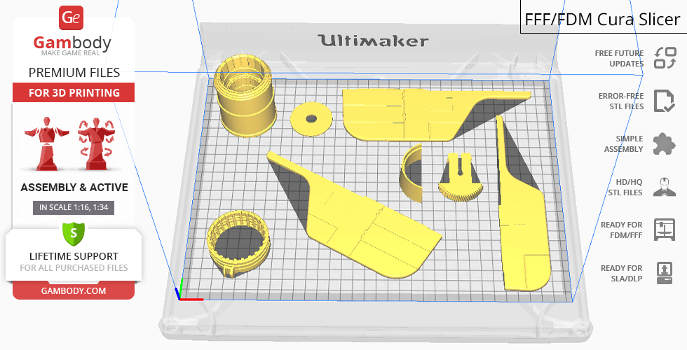 3D printing layout of RZ-1 A-Wing parts for assembly, displayed in Cura slicer software.