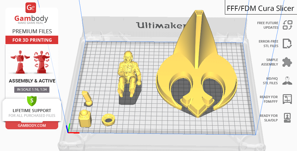 3D printing layout of an RZ-1 A-Wing model with separate parts on a grid platform.