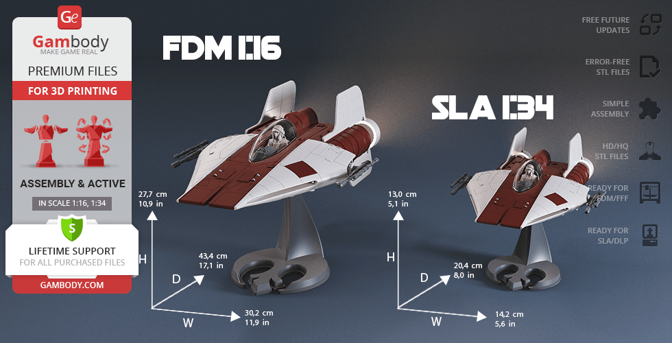 Two detailed 3D models of RZ-1 A-Wing spacecraft on stands with dimensions and printing details.