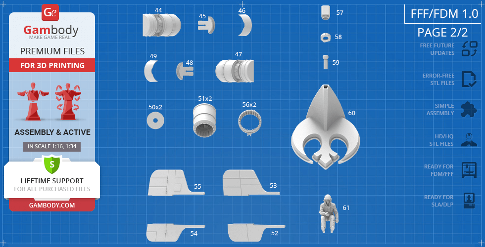 Blueprint of RZ-1 A-Wing 3D model parts for printing, including cockpit, wings, and pilot figure.