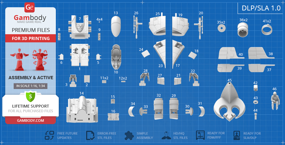 Blueprint of a 3D printable RZ-1 A-Wing model with labeled parts for assembly on a blue grid background.