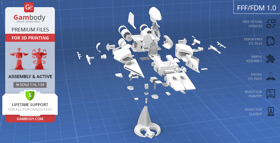 Pieces of an RZ-1 A-Wing model for 3D printing, shown on a grid background.