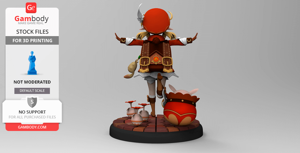A character in red attire from the back, with a backpack and small bombs on a round base.