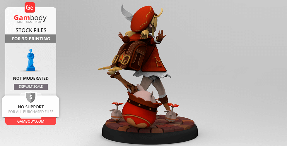 A stylized character in a red outfit with a backpack and hat, standing on a stone base, ready for 3D printing.