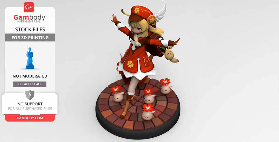 A whimsical character in red attire stands on a circular brick base with small, flower-like creatures.