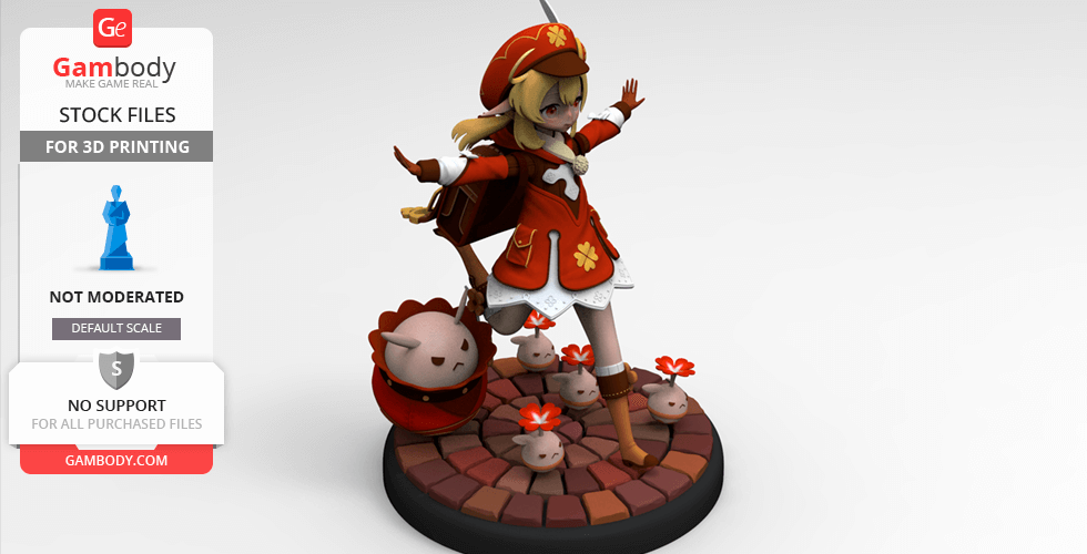 A chibi-style figurine in an orange outfit with companions on a circular base.