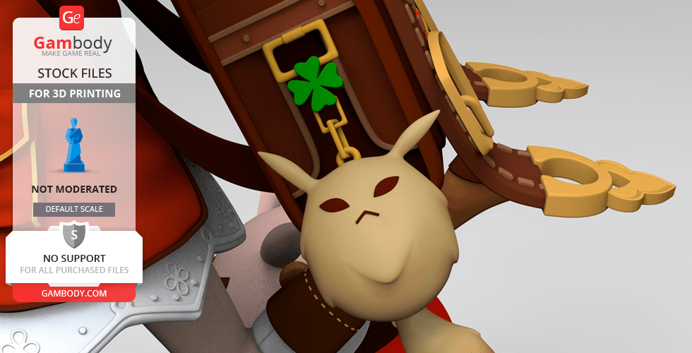 A 3D model detail of a character's backpack with a clover emblem and a rabbit-like charm.