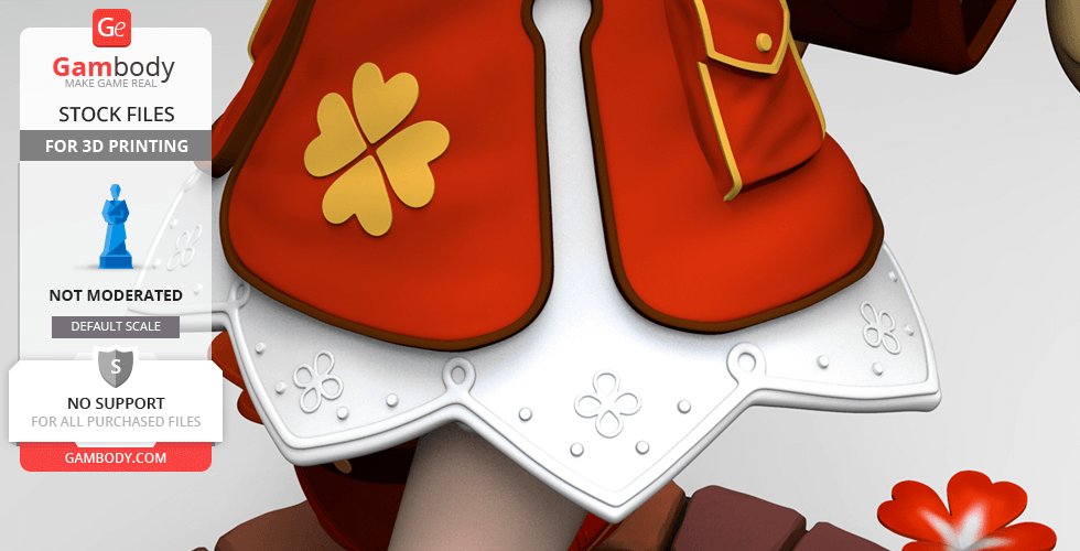 A detailed 3D print model of a character in a red outfit with floral designs and a white trim.
