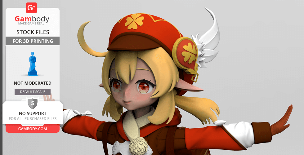 3D model of an elf-like character with a red hat and blonde hair, extending arms, for 3D printing.