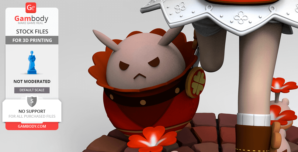 A cute, stylized figure in a dress stands on a brick base with red flowers. A small, round creature is beside her.