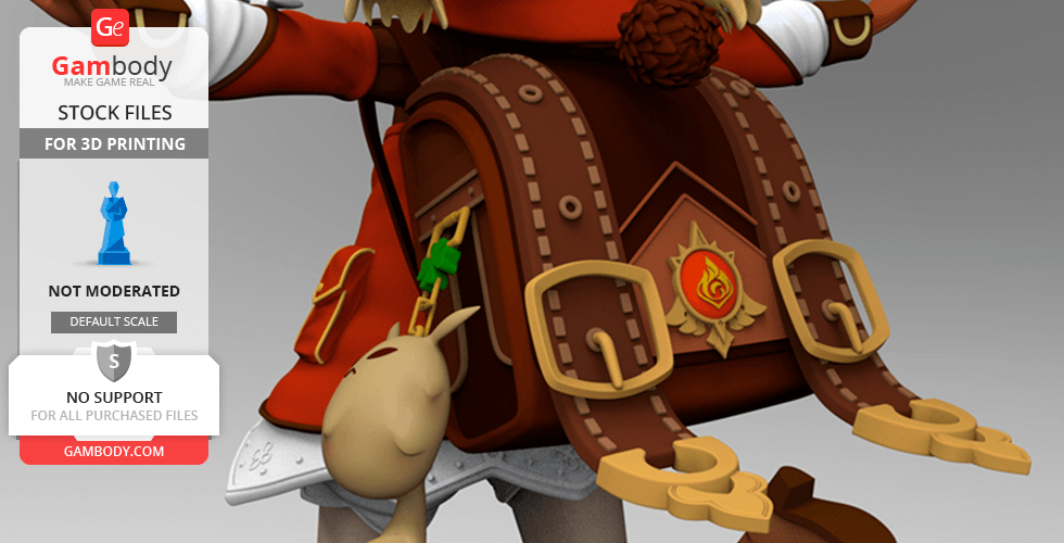 A 3D model of a character with a detailed red and brown backpack, featuring a fire emblem and cute creature.