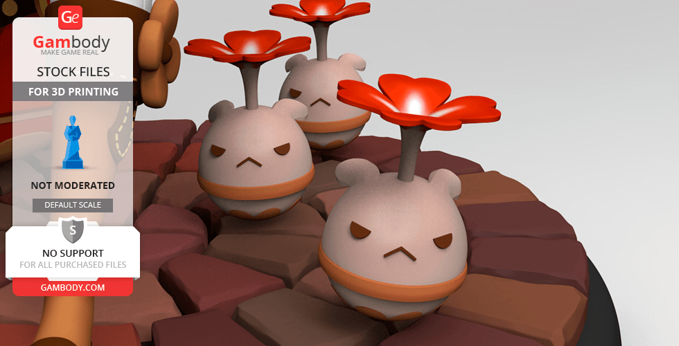Adorable round creatures with red flowers on a platform, designed for 3D printing.