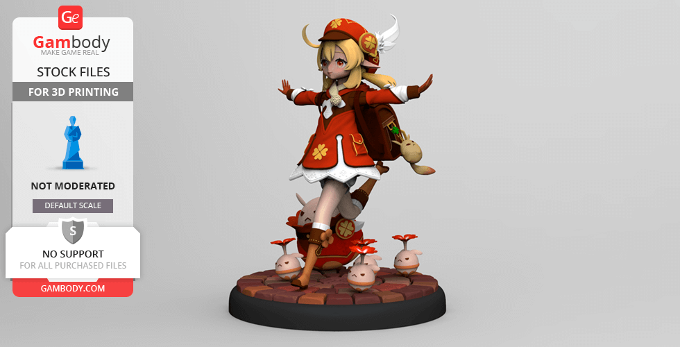 A figure of a character in a red outfit striking a playful pose, standing on a stone-like base.