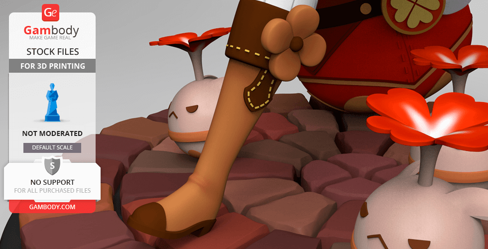 A detailed 3D print model of a character's leg with boots, surrounded by whimsical plants on a stone path.