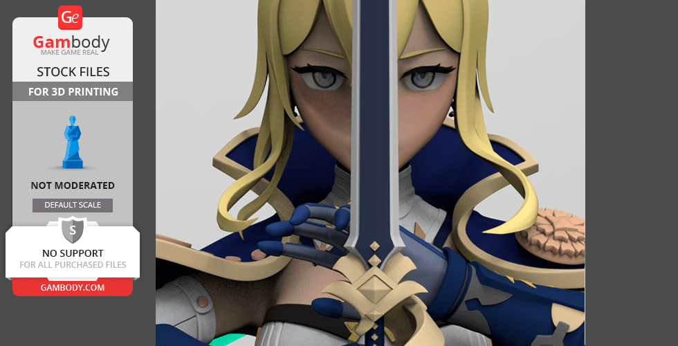 A 3D model of a character with blonde hair and a sword, posed for 3D printing.