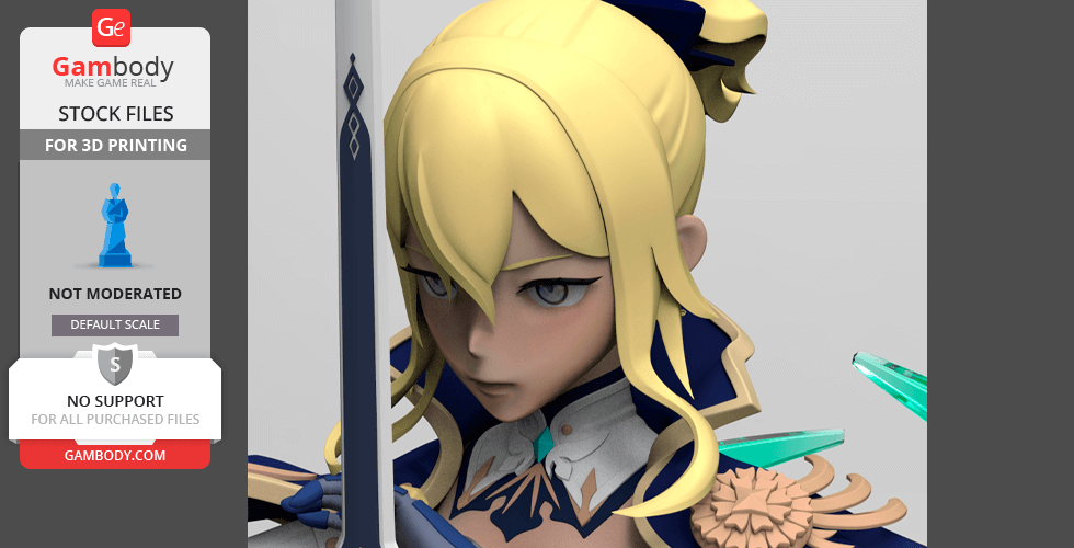 A 3D model of a character with blonde hair and blue outfit, focused expression, and holding a sword.