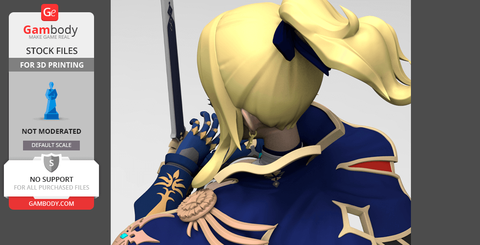 A detailed 3D model of a character with a ponytail and sword, wearing ornate blue armor.