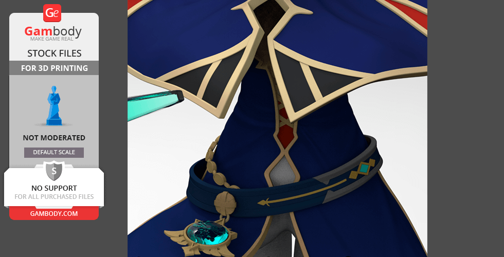 Character in detailed blue and gold armor with a belt and gemstone, ready for 3D printing.