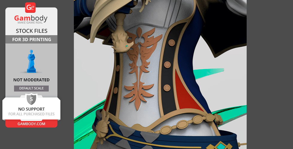 A close-up of an ornate costume with gold details from a 3D model for printing.