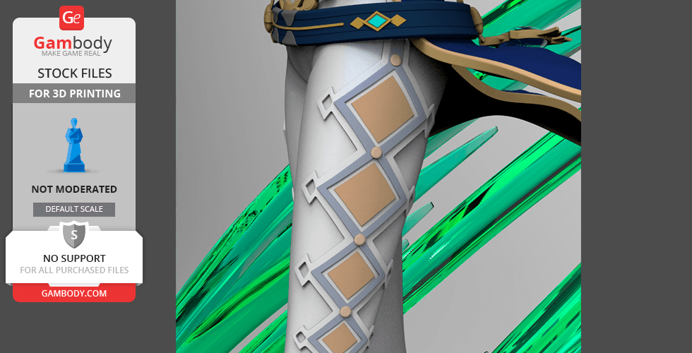A close-up of a detailed, armor-clad leg with geometric patterns, set against a green background.
