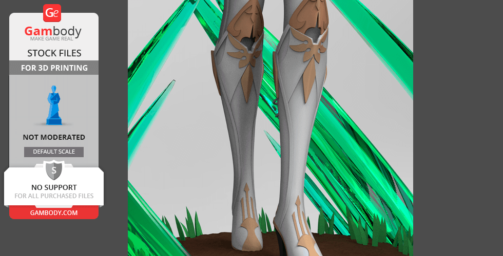 Armored legs with ornate details and green energy spikes in the background, designed for 3D printing.