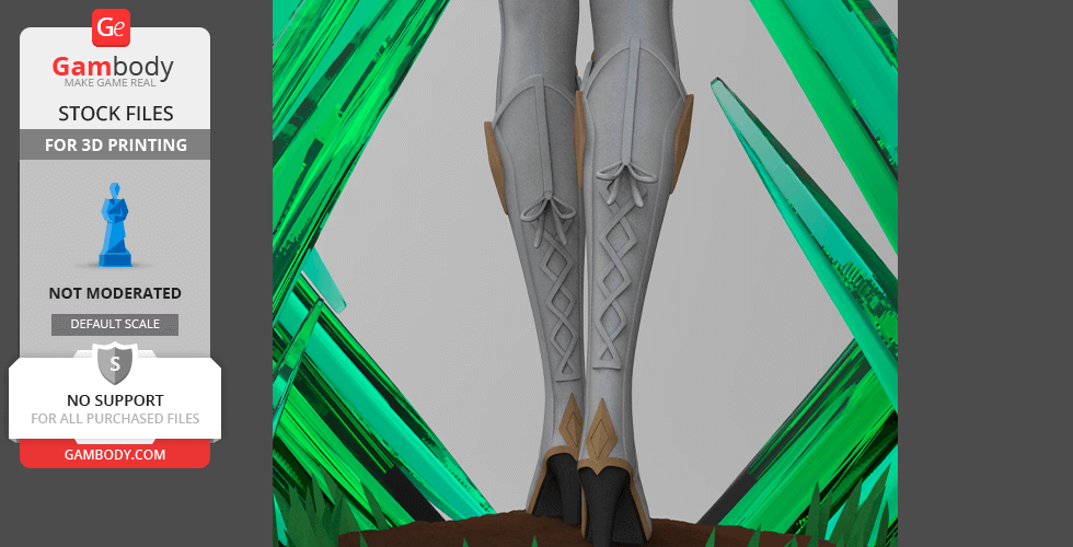 A detailed 3D model of armored legs with geometric patterns, surrounded by green crystal shapes.