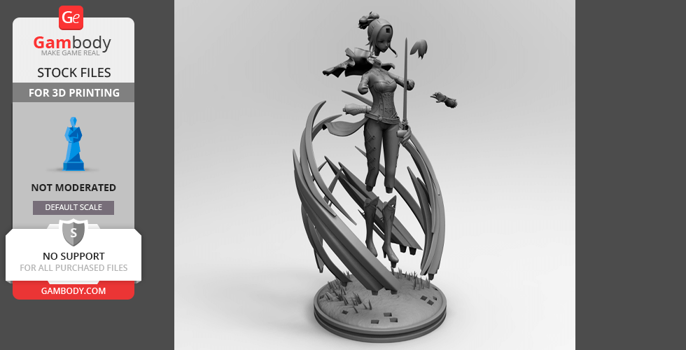A detailed 3D model of a character standing on a dynamic base with flowing elements, designed for printing.
